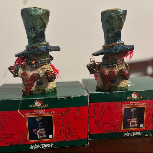 Kurt Adler Snowfolk Snowman Candle Holder, Hearts, 6.5 tall With Boxes Set Of 2 - Picture 3 of 5